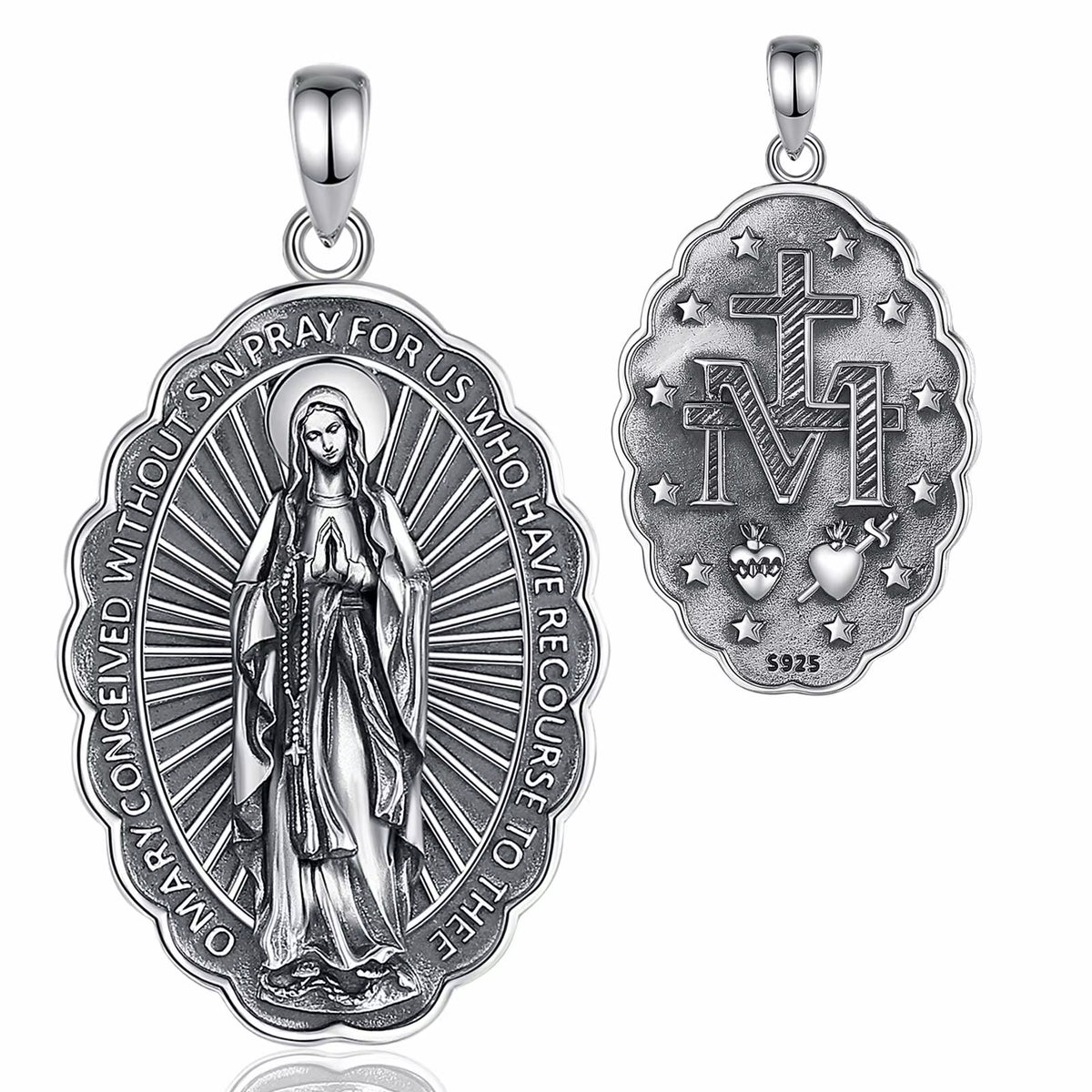 925 Sterling Silver Virgin Mary Cross Amulet Pendant