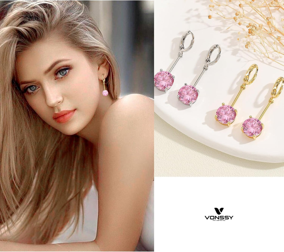 Pink Crystal Gemstone Drop Earrings with Cubic Zirconia– 18K Stamped