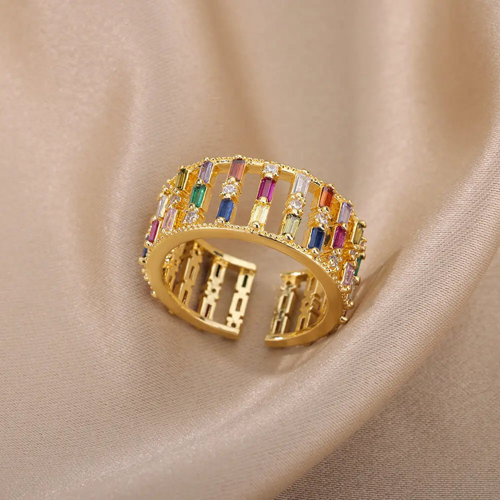 Rainbow Zircon Rings for Women Stainless Steel Gold Color Geometric Adjustable Ring Wedding Aesthetic Jewelry Gift Bijoux Femme