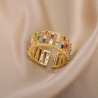 Rainbow Zircon Rings for Women Stainless Steel Gold Color Geometric Adjustable Ring Wedding Aesthetic Jewelry Gift Bijoux Femme