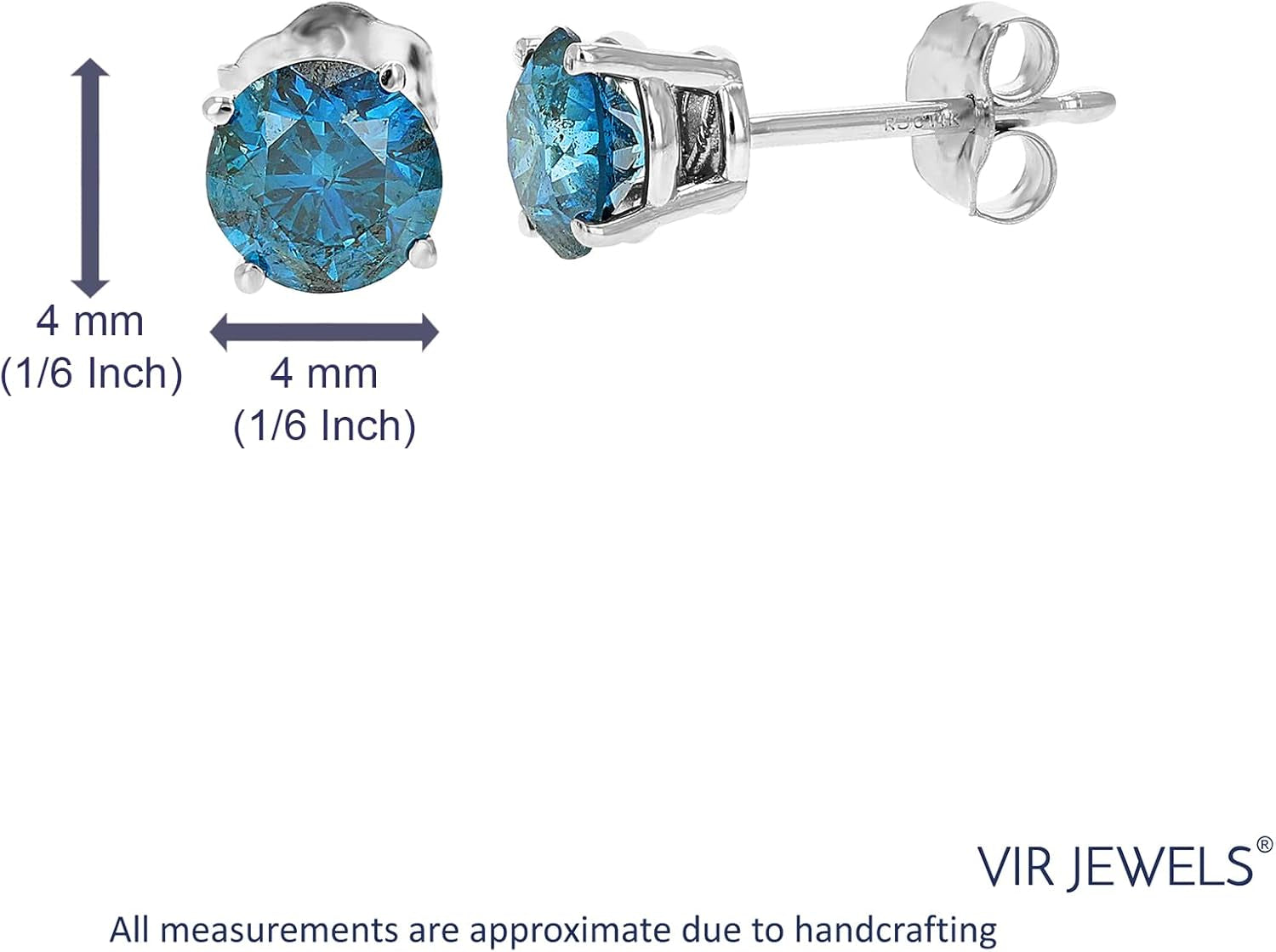 1/4 to 2 Cttw Blue Diamond Stud Earrings 14K White or Yellow Gold round with Push Backs