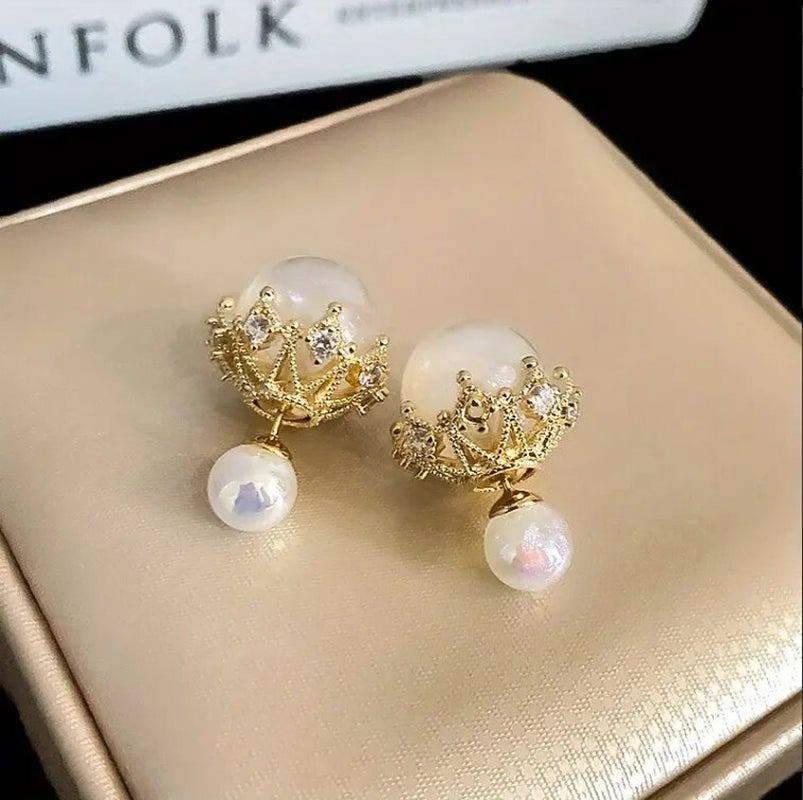 Woman Simple White Faux Pearl Reversible Strap Earrings for Daily Accessories