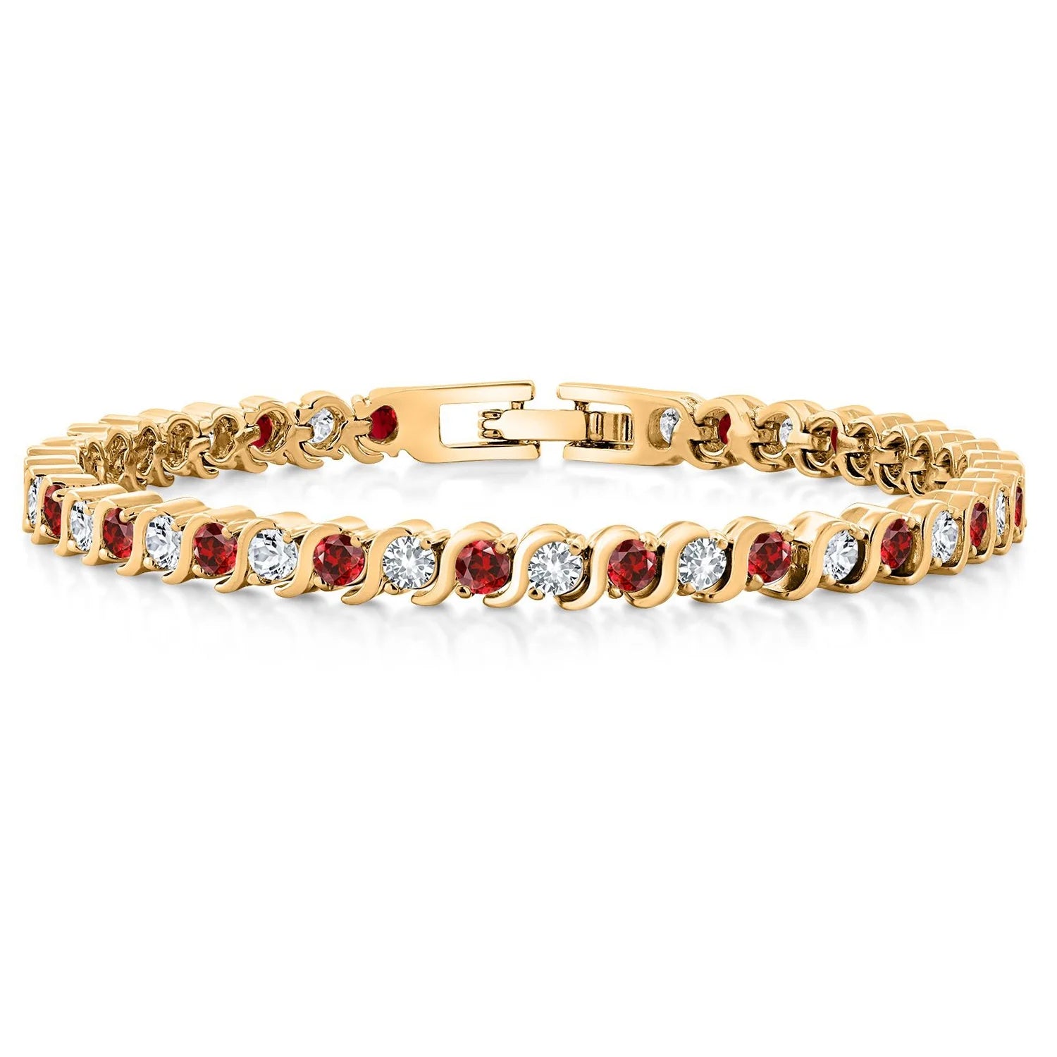 18K Yellow Gold Plated Simulated Red Ruby and Sparkling White Cubic Zirconia Tennis Bracelet for Women - the Perfect Gift for Her on Weddings and Special Occasions - 4.50 Cttw, 7 Inch Length