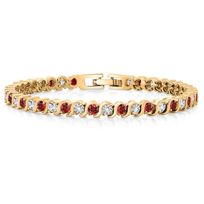 18K Yellow Gold Plated Simulated Red Ruby and Sparkling White Cubic Zirconia Tennis Bracelet for Women - the Perfect Gift for Her on Weddings and Special Occasions - 4.50 Cttw, 7 Inch Length