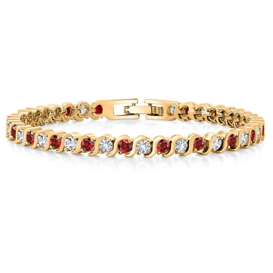 18K Yellow Gold Plated Simulated Red Ruby and Sparkling White Cubic Zirconia Tennis Bracelet for Women - the Perfect Gift for Her on Weddings and Special Occasions - 4.50 Cttw, 7 Inch Length