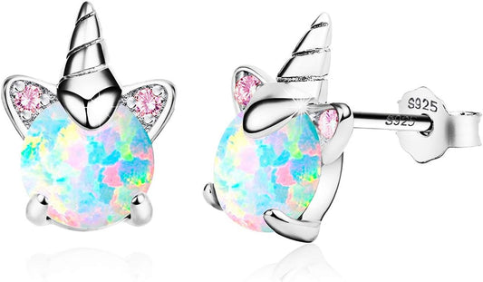 Unicorn Earrings for Girls, Hypoallergenic S925 Sterling Silver Earrings for Kids  Small Tiny Cute Fire Opal Stud Earrings Jewelry Gifts for Sensitive Ears Little Toddlers Teen Girl