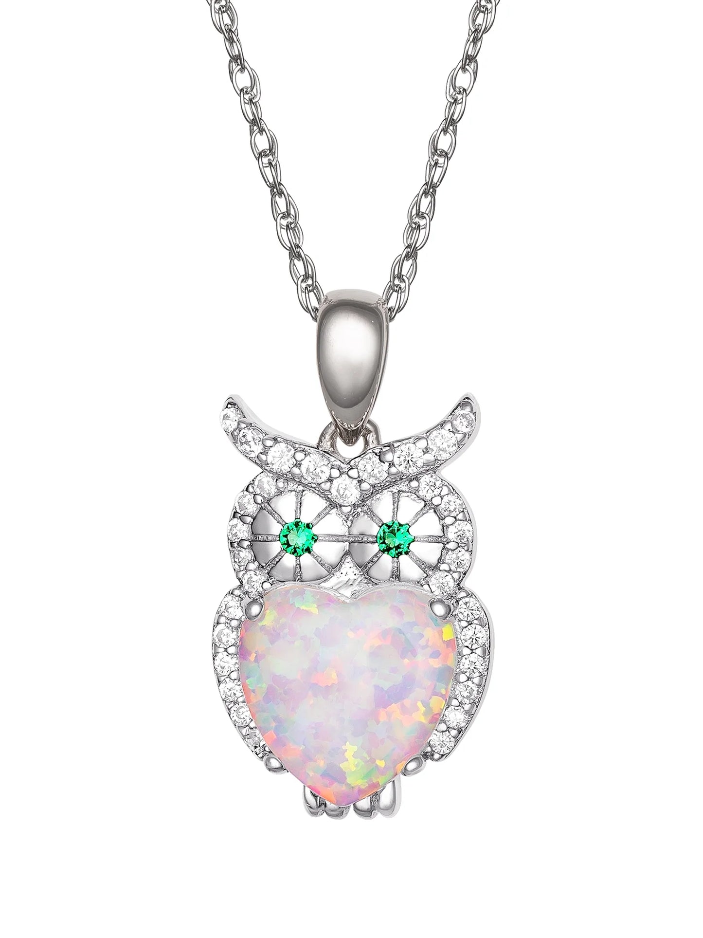 Brilliance Women'S Sterling Silver Cubic Zirconia Opal Heart Owl Pendant Necklace, 18" Chain