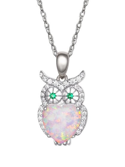 Brilliance Women'S Sterling Silver Cubic Zirconia Opal Heart Owl Pendant Necklace, 18" Chain
