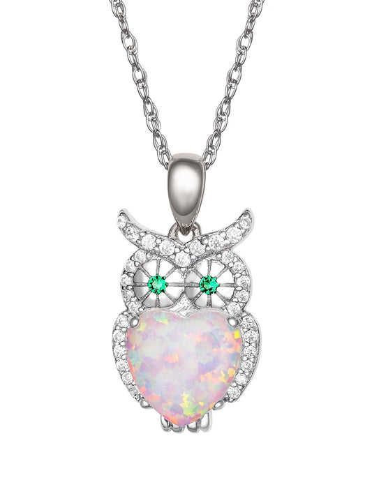 Brilliance Women'S Sterling Silver Cubic Zirconia Opal Heart Owl Pendant Necklace, 18" Chain