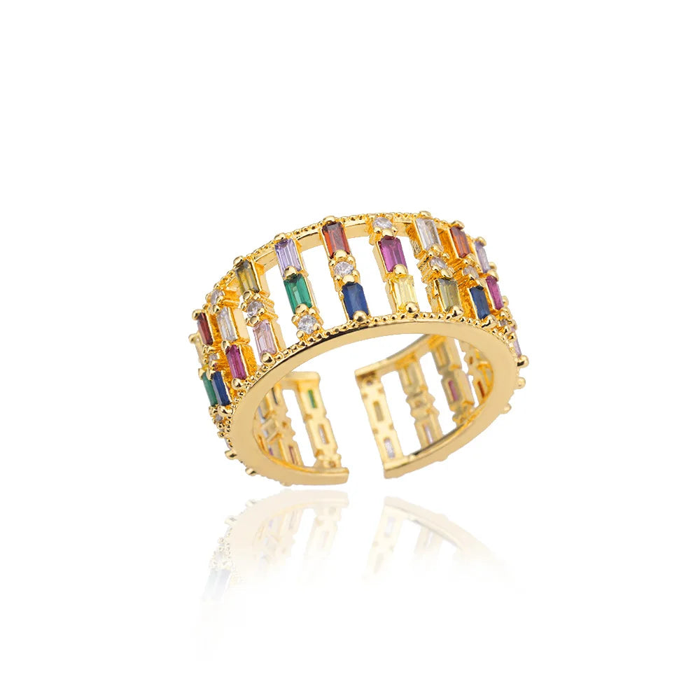 Rainbow Zircon Rings for Women Stainless Steel Gold Color Geometric Adjustable Ring Wedding Aesthetic Jewelry Gift Bijoux Femme
