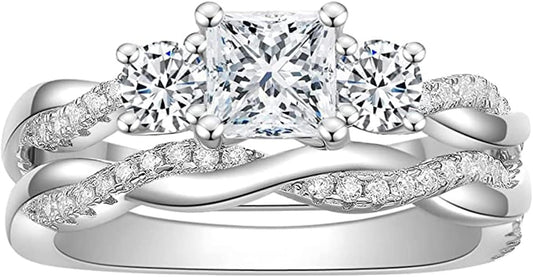 2 Pieces Engagement Rings for Women Sterling Silver Center 1Ct Three Stone Princess Cut Moissanite Engagement Wedding Anniversary Promise Ring Bridal Set Moissanite Wedding Band Bridal Set (Available in Size 6, 7, 8, 9)