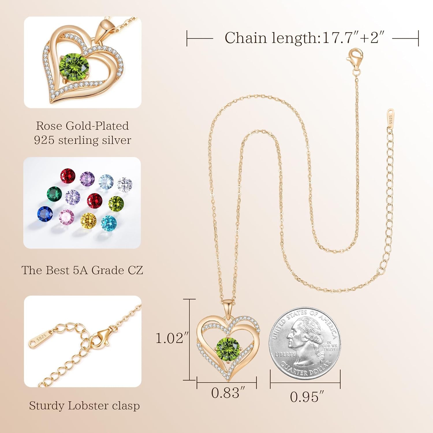 Love Heart Birthstone Necklaces for Women, Birthday Gift for Women, Anniversary Jewelry for Wife Her, 925 Sterling Silver Pendant Necklace, Mother'S Day Gift