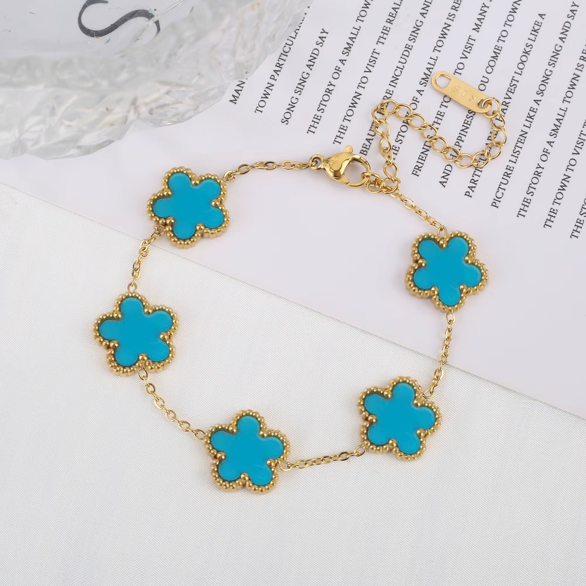 Trend Clover Bracelet for Women Girls 14K Gold Plated Stainless Steel Five Leaf Flower Dainty Lucky Link Bracelets Party Jewelry