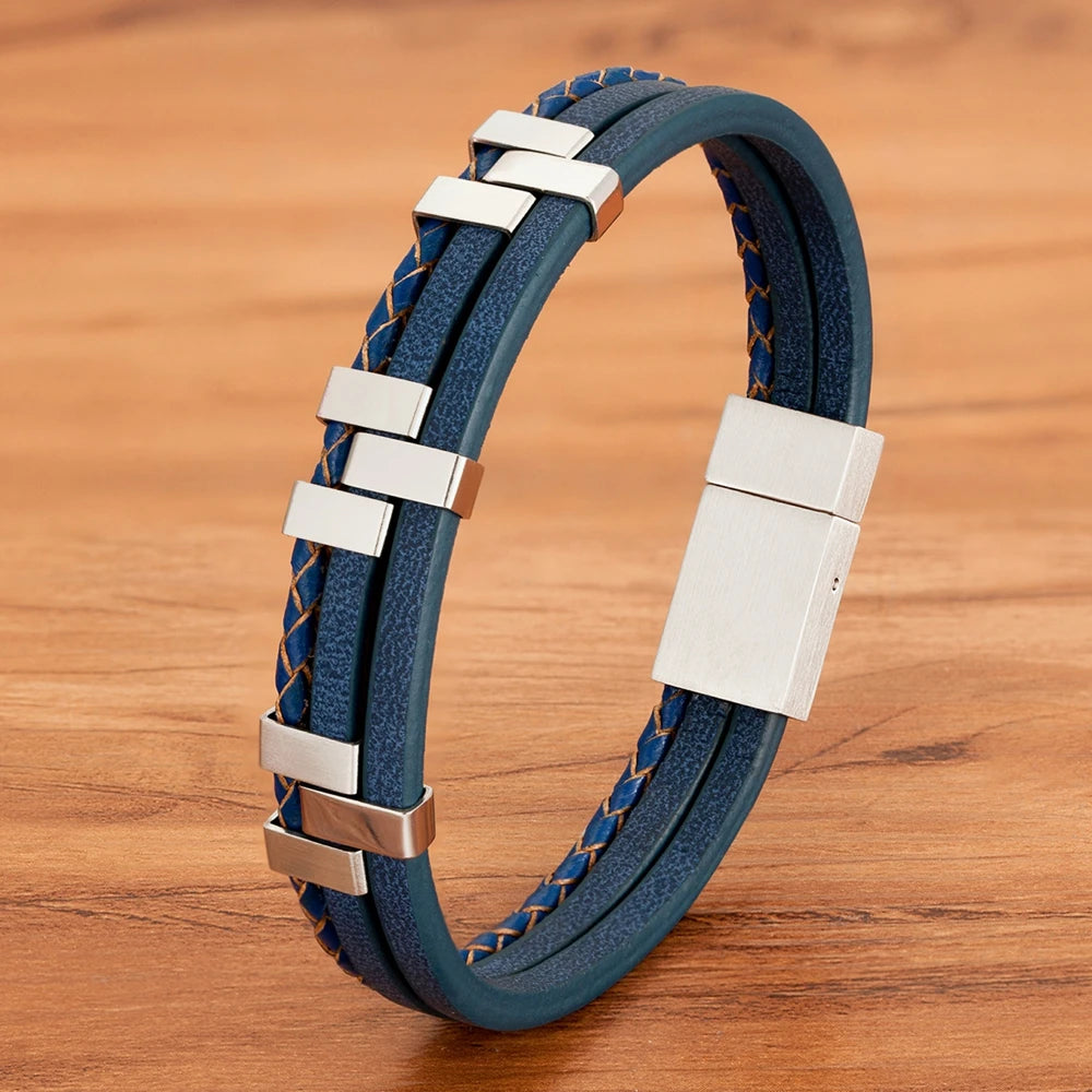 Braided Rope Wrap Leather Bracelets for Men Bangles Fashion Male Women Charm Stainless Steel Clasp Jewelry DIY Customization