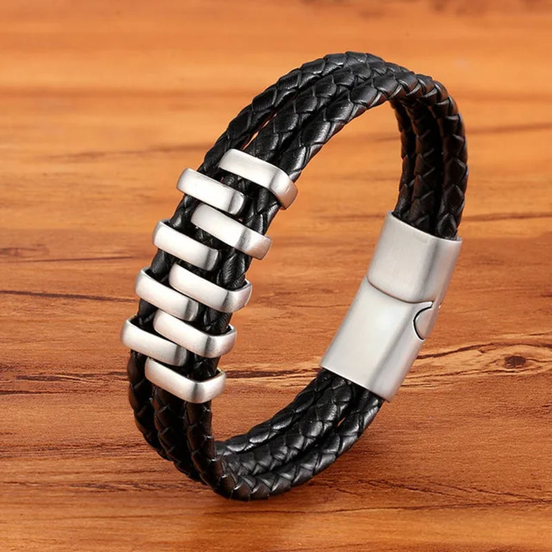 Braided Rope Wrap Leather Bracelets for Men Bangles Fashion Male Women Charm Stainless Steel Clasp Jewelry DIY Customization