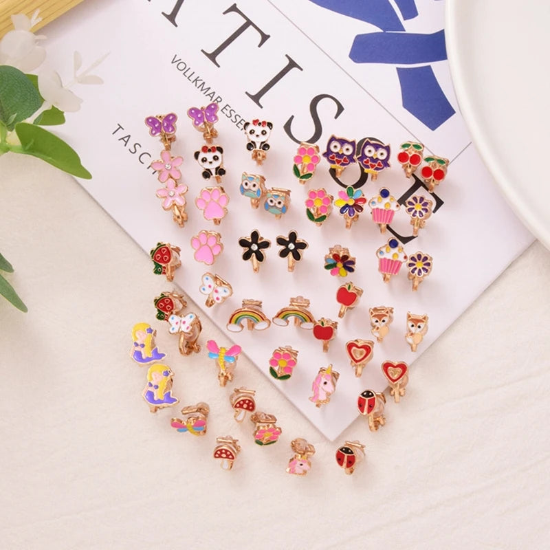 R2LE 24Pairs/Set Kids Clip-On Earrings Flower Heart Clip-On Earring Set for Girl
