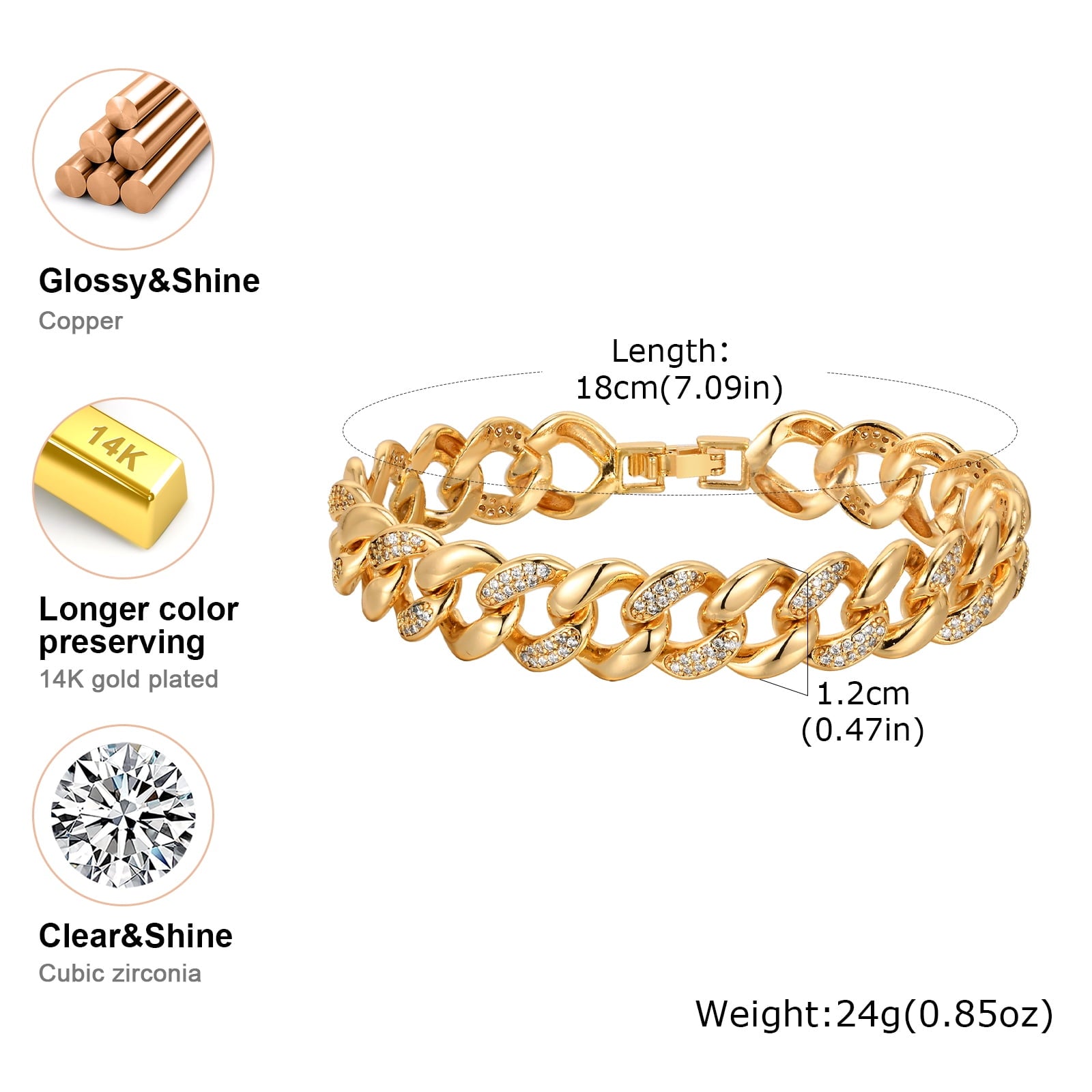 Gold Cuban Chain Bracelets for Women, 14K Gold Plated Link Bracelet with Cubic Zircon, Trendy Womens Link Bracelets Jewelry Gifts
