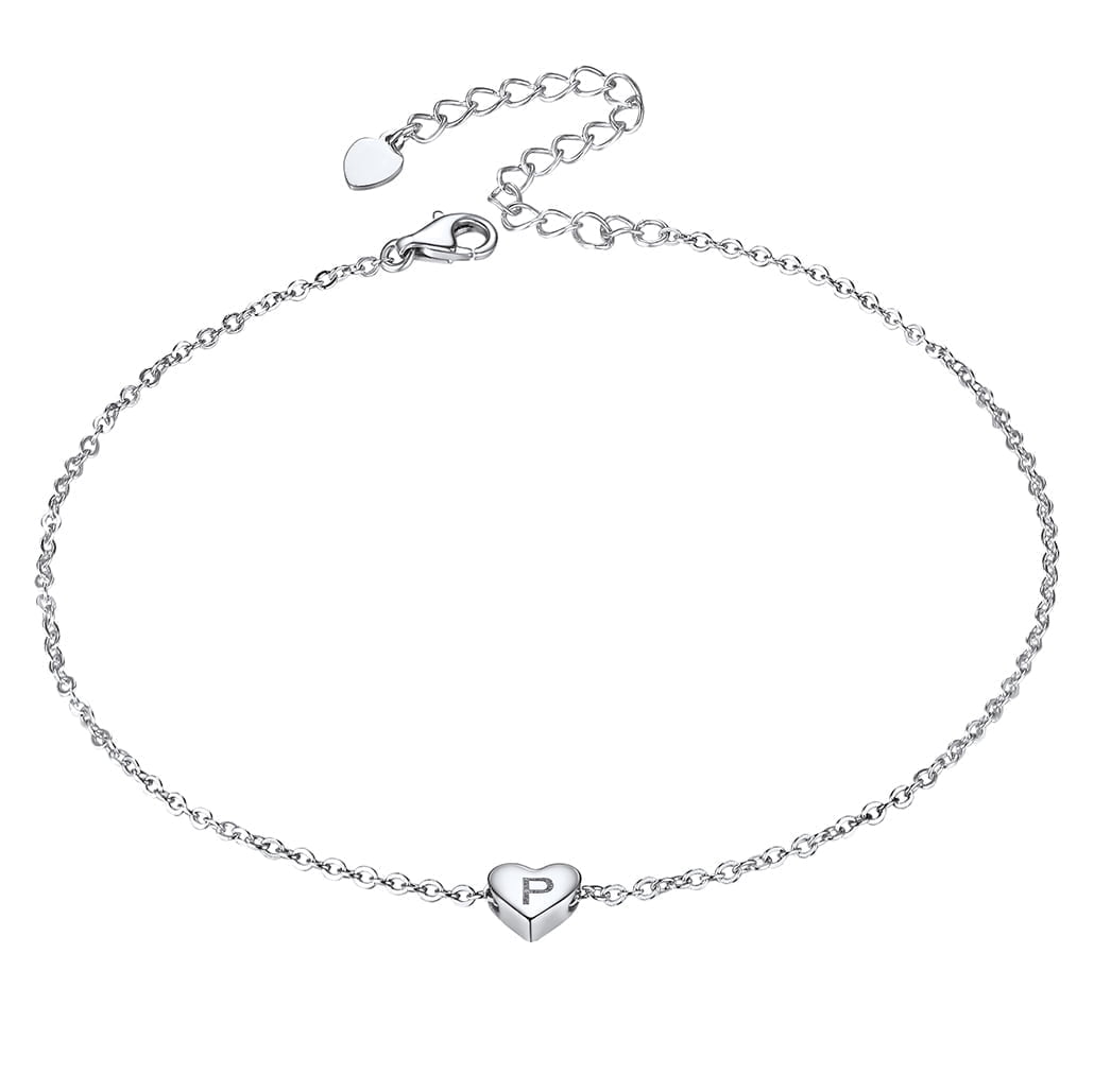 Heart Initial Ankle Bracelets for Women Letter P Sterling Silver Waterproof Anklet Summer Beach Jewelry