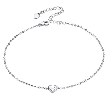 Heart Initial Ankle Bracelets for Women Letter P Sterling Silver Waterproof Anklet Summer Beach Jewelry