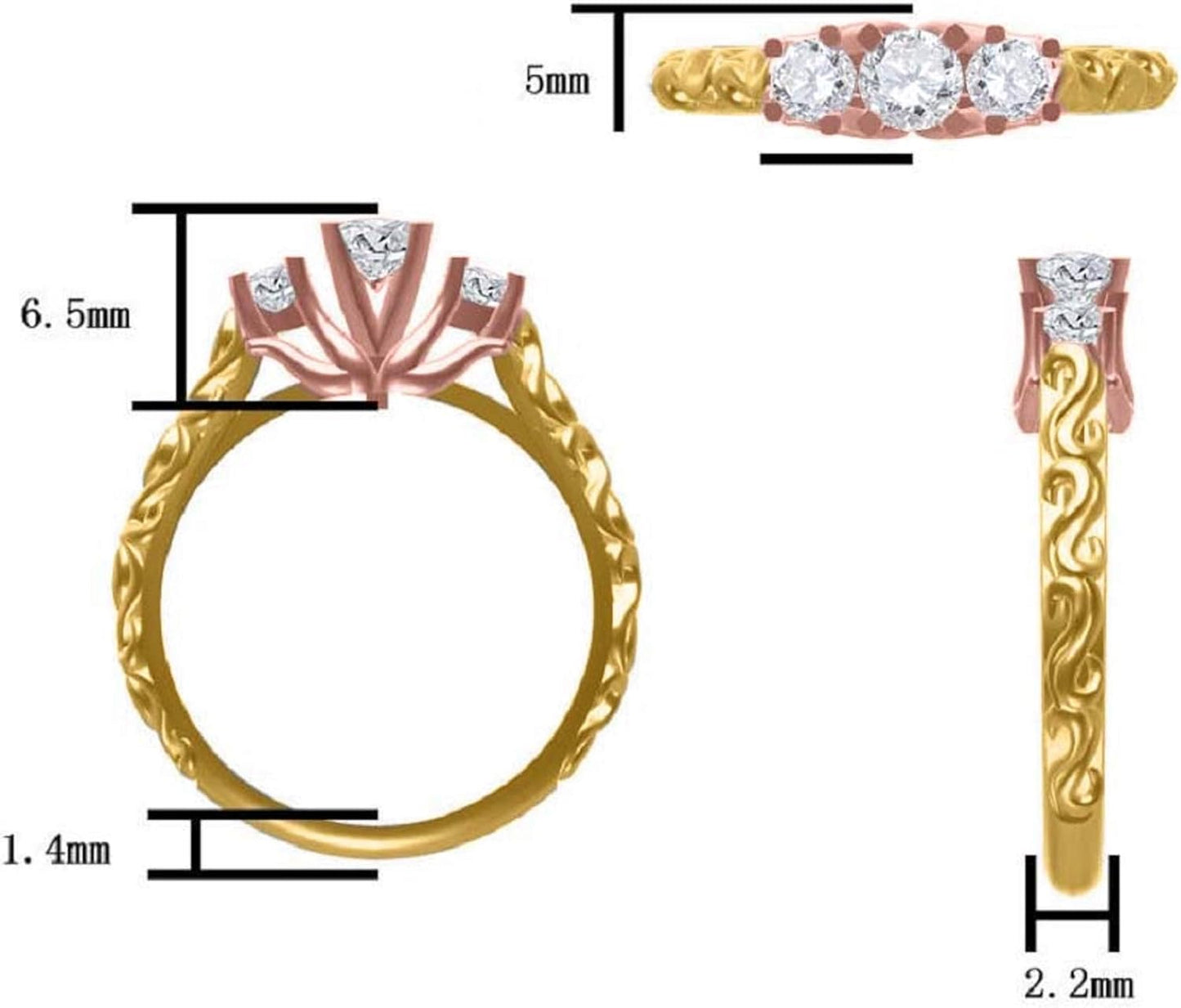 0.50 Ct 3 Stone Lab Grown Diamond Engagement Rings for Women, 14K Rose | Yellow | White Gold Promise Ring, round Brilliant Cut, H-I Color, SI1 Clarity