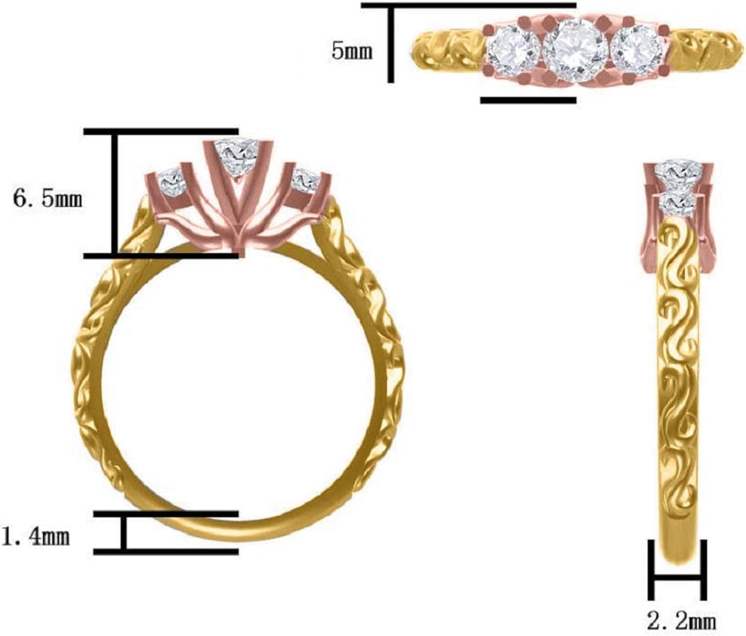 0.50 Ct 3 Stone Lab Grown Diamond Engagement Rings for Women, 14K Rose | Yellow | White Gold Promise Ring, round Brilliant Cut, H-I Color, SI1 Clarity