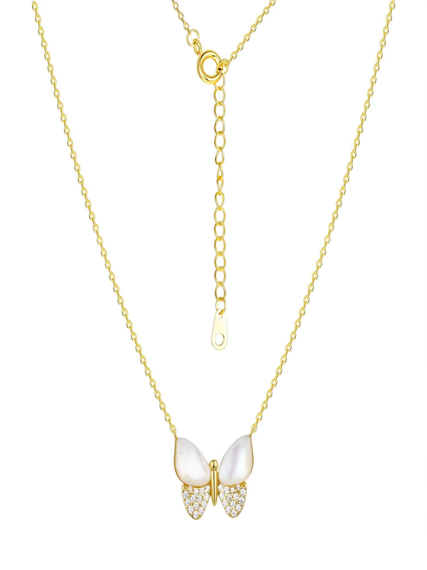 Mother of Pearl & Cubic Zirconia Butterfly Necklaces in 14KT Gold Flash Plated