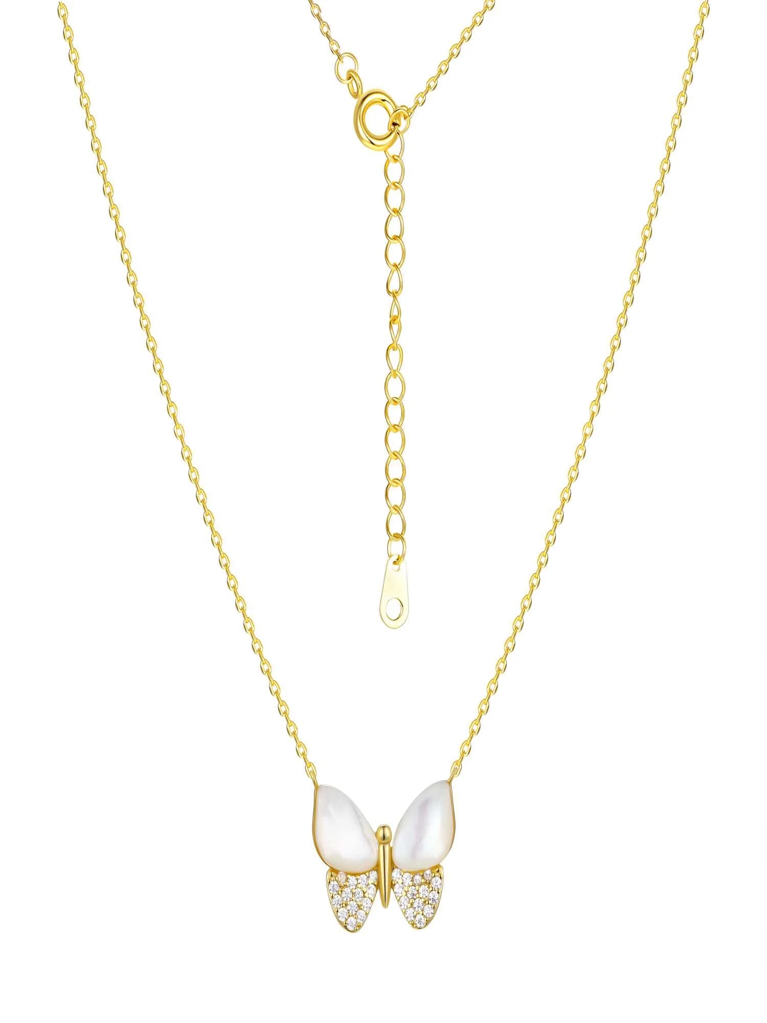 Mother of Pearl & Cubic Zirconia Butterfly Necklaces in 14KT Gold Flash Plated