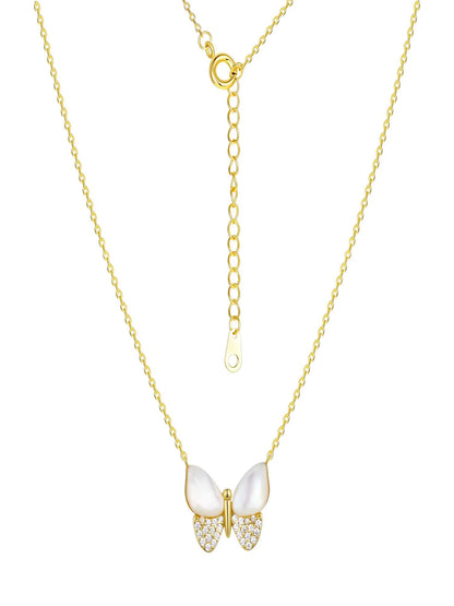Mother of Pearl & Cubic Zirconia Butterfly Necklaces in 14KT Gold Flash Plated