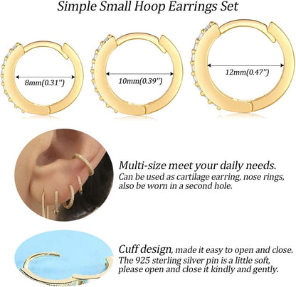 Silver Hoop Earrings for Women, 3 Pairs Small Sterling Silver Huggie Earrings | Tiny Cubic Zirconia Cartilage Cuff Earrings Hoop Piercing Jewellery for Men Teens (8Mm/10Mm/12Mm)