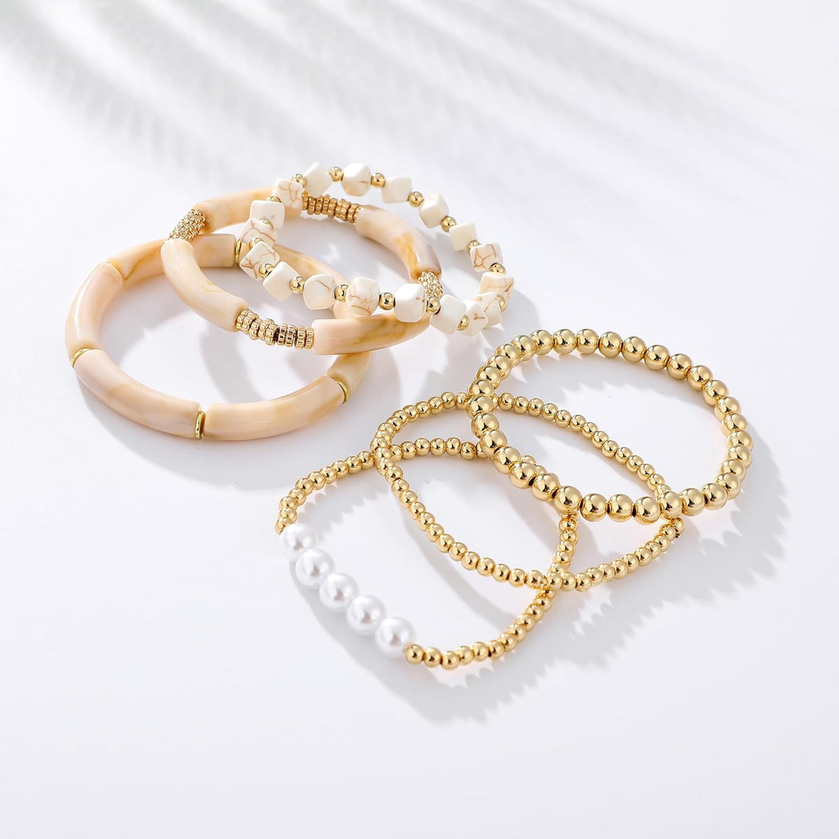 Simple Beaded Gold Bangles Bracelet Chunky Bamboo Tube Curved Stacking Clear Acrylic Colorful Beads Stretchable Gold Bracelets Set for Women