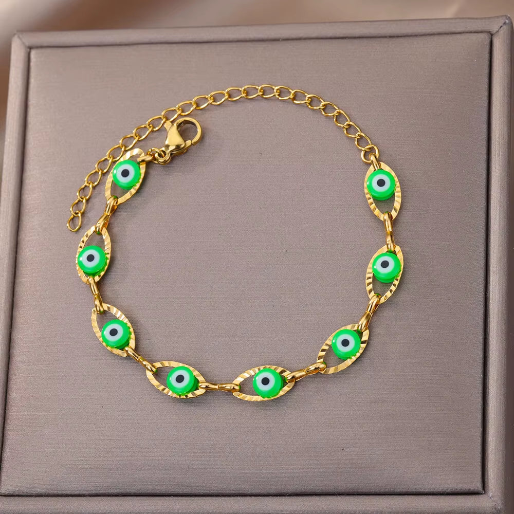 Gothic Rainbow Evil Eye Bracelets for Women Stainless Steel Gold Color Turkish Demon Chain Charm Bracelet Summer Beach Jewelry