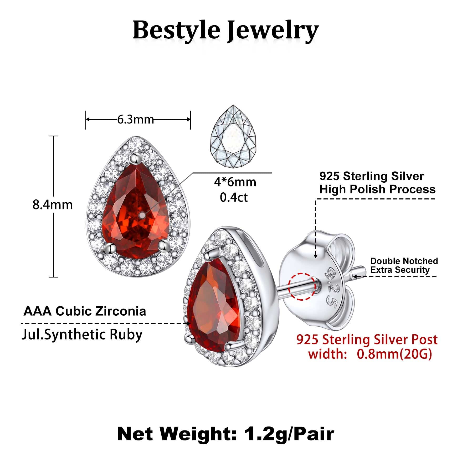 925 Sterling Silver Birthstone Stud Earrings for Women, Sparking July Teardrop Cut Diamond Earrings for Sensitive Ears