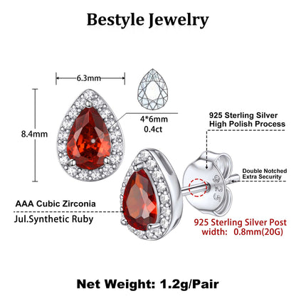 925 Sterling Silver Birthstone Stud Earrings for Women, Sparking July Teardrop Cut Diamond Earrings for Sensitive Ears
