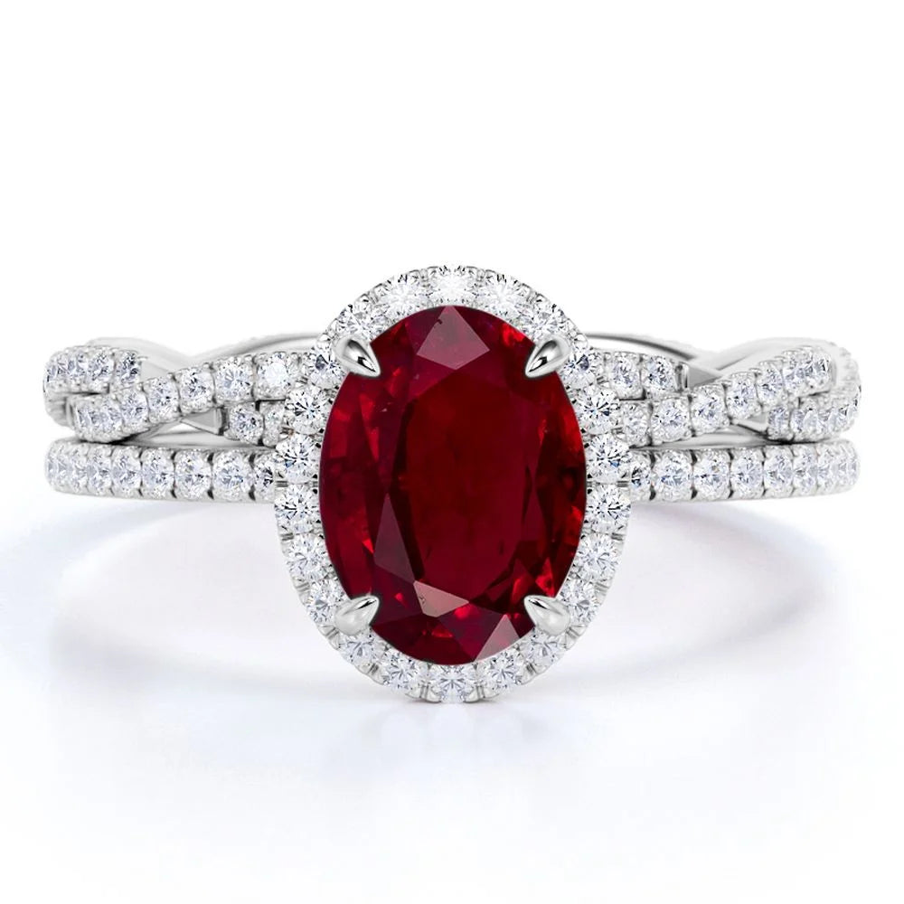 1.75 Carat Oval Burmese Lab Created Ruby Bridal Ring Set - July Birthstone Ring - 18K White Gold over Silver