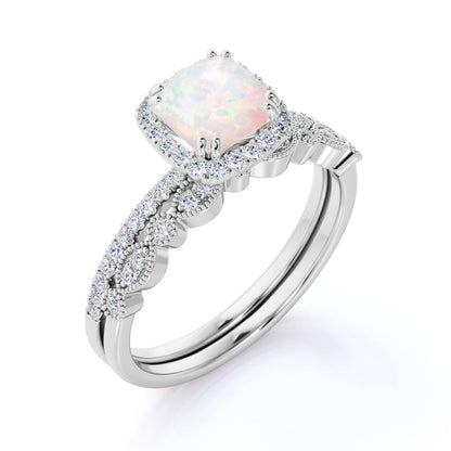 1.50 Ct round Cut Blue Opal and Moissanite Wedding Ring Set in in 18K White Gold over Silver