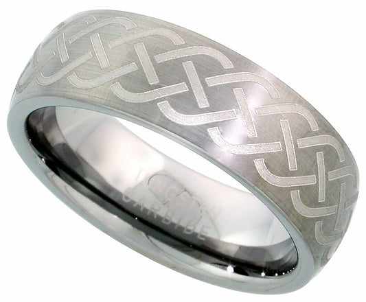 Tungsten Carbide Ring Wedding Band Domed Etched Celtic Knot Brushed Finish 7Mm