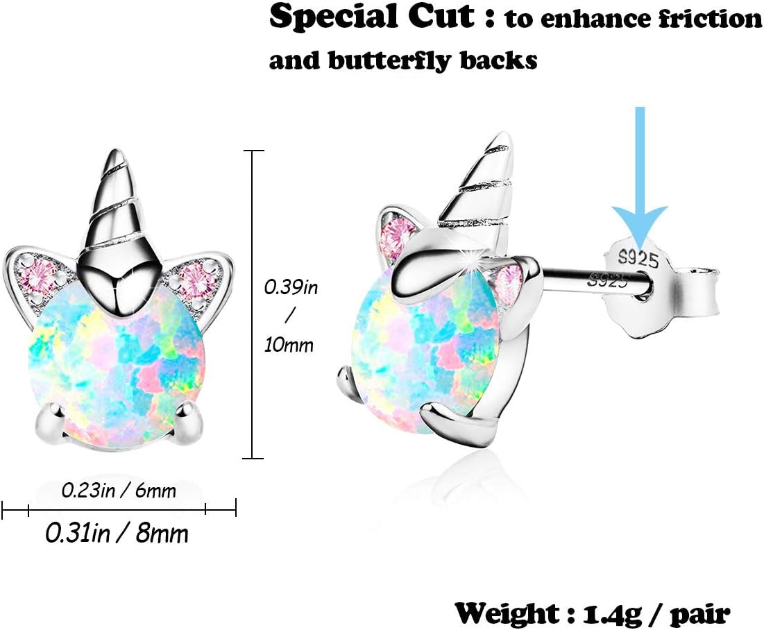 Unicorn Earrings for Girls, Hypoallergenic S925 Sterling Silver Earrings for Kids  Small Tiny Cute Fire Opal Stud Earrings Jewelry Gifts for Sensitive Ears Little Toddlers Teen Girl