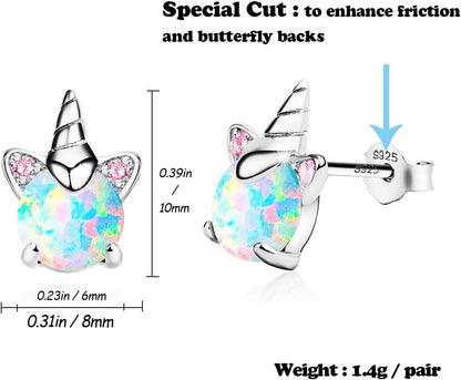 Unicorn Earrings for Girls, Hypoallergenic S925 Sterling Silver Earrings for Kids  Small Tiny Cute Fire Opal Stud Earrings Jewelry Gifts for Sensitive Ears Little Toddlers Teen Girl