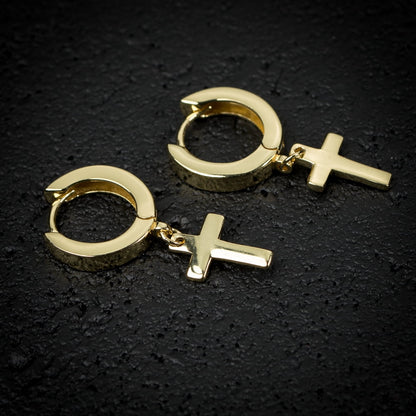 Mens Solid Gold Plated Sterling Silver Cross Dangle Hoop Huggie Earrings