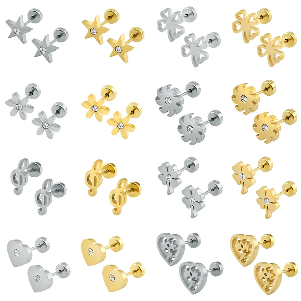 Flower Baby Earrings 316L Stainless Steel Small Stud Earrings Heart Kid Studs Ear Earrings Female Piercing Jewelry Women