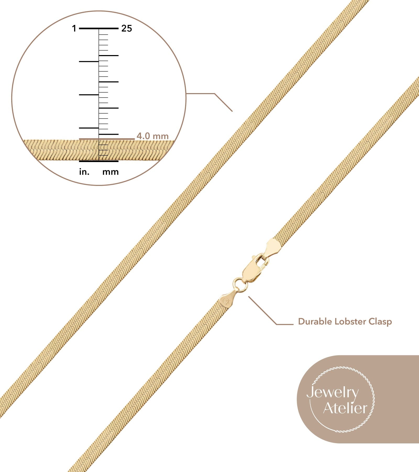 Gold Chain Necklace Collection - 14K Solid Yellow Gold Filled Herringbone/Snake Chain Necklaces for Women and Men with Different Sizes (3.2Mm or 4.0Mm)