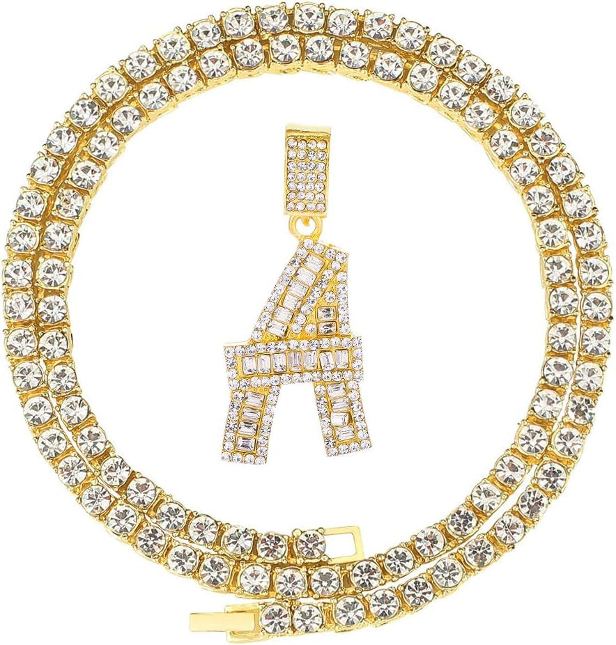 Bling Silver Gold Iced Out Baguette Initial Letter Necklaces for Men Women Big Cz Diamond Capital Letter Pendant A-Z with Rope Tennis Chains