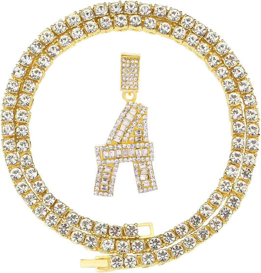 Bling Silver Gold Iced Out Baguette Initial Letter Necklaces for Men Women Big Cz Diamond Capital Letter Pendant A-Z with Rope Tennis Chains
