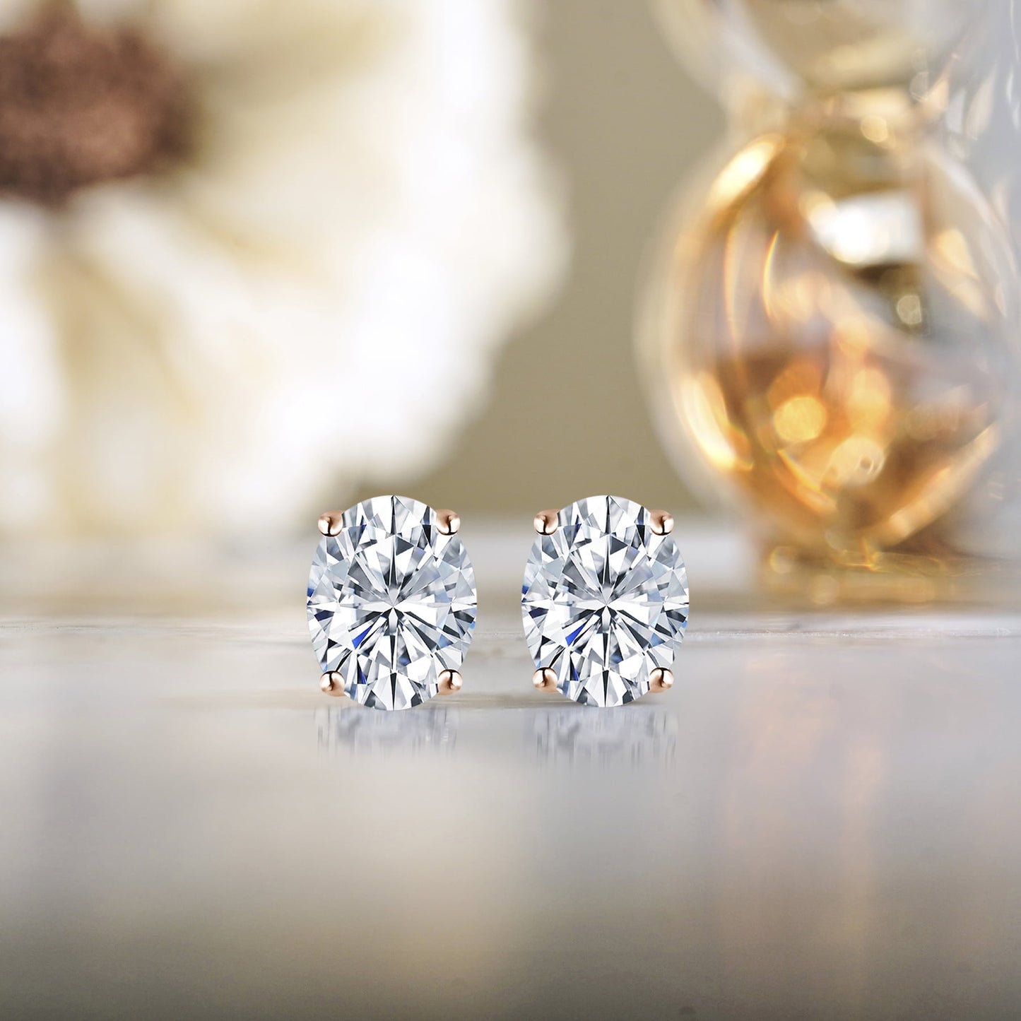 4 Prong 0.5 Carat Oval Cut Moissanite Solitaire Stud Earrings in 18K Rose Gold Plating for Women
