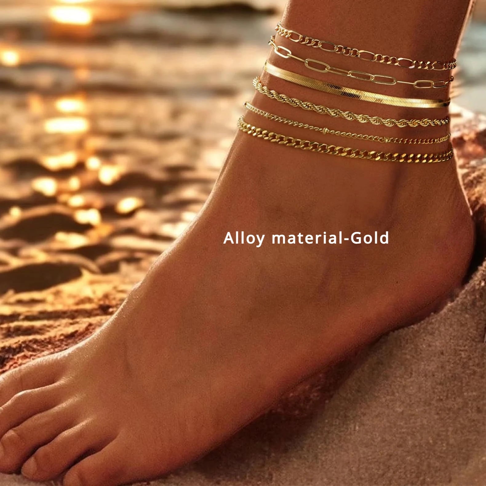 6PCS 14K Gold Plated Ankle Bracelets for Women, Stainless Steel Waterproof Herringbone Paperclip Bead Figaro Cuban Chain Anklets
