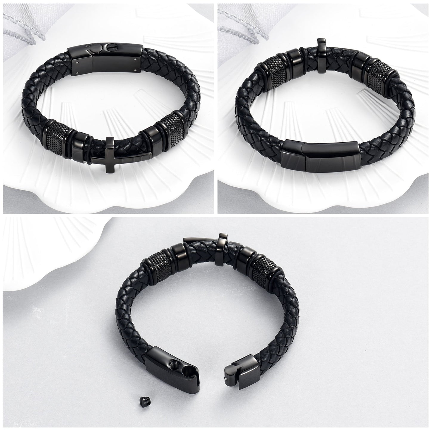 Mens Double-Band Black Braided Leather Bangle Bracelets Cremation Jewelry for Ashes Wristband Memorial Urn Bangle with Cross Charm