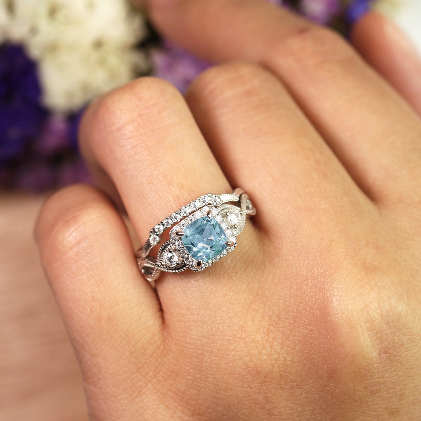 Filigree 1.75 Carat Princess Cut Created Aquamarine and Moissanite Wedding Ring Set in 18K White Gold over Silver