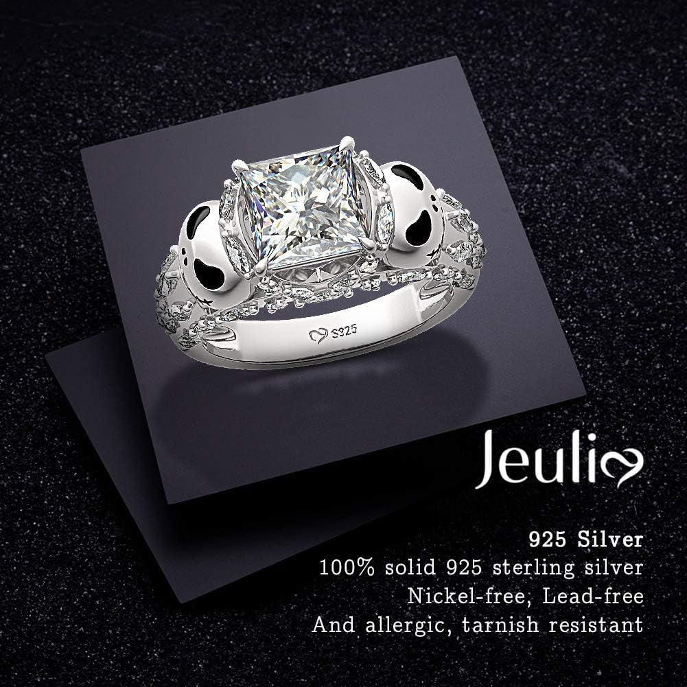 Jack Rings Women Nightmare before Christmas Skull Rings 925 Sterling Silver Princess Cut Band Ring Anniversary Promise Romantic Christmas Gifts for Her