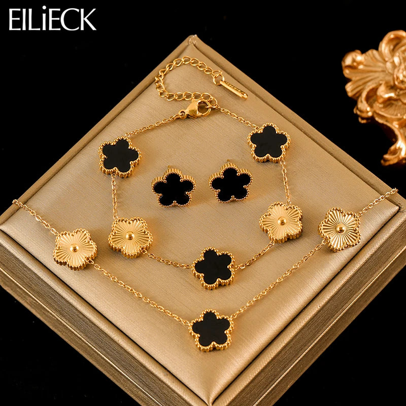 316L Stainless Steel Black Reversible Leaf Clover Necklace Bracelets Earrings Set for Women Fashion Waterproof Jewelry