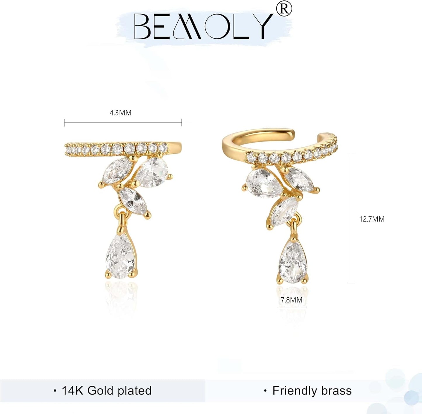 Ear Cuff Earrings for Women 14K Gold Plated Cubic Zirconia Dangle Huggie Ear Cuffs Non Piercing | Clip on Cartilage